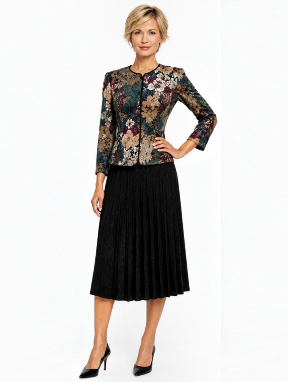 Adrianna Papell Silk Printed Jacket & Black Jacquard Pleated Skirt Set – 8P